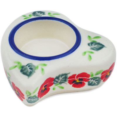 Polish Pottery Candle Holder 4&quot; Delicate Red Flowers