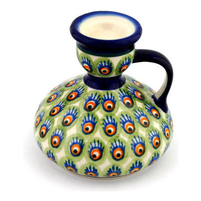 Polish Pottery Candle Holder 4&quot; Peacock Feathers