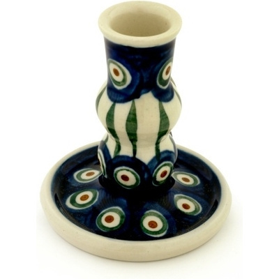 Polish Pottery Candle Holder 4&quot; Peacock Leaves