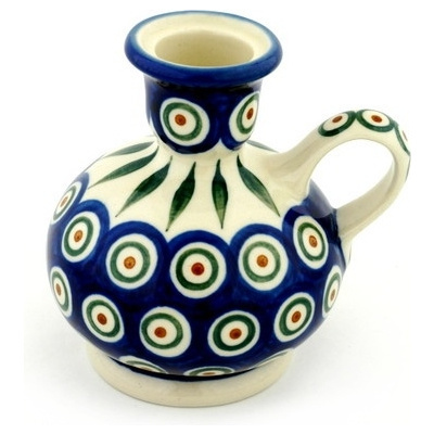 Polish Pottery Candle Holder 4&quot; Peacock Leaves