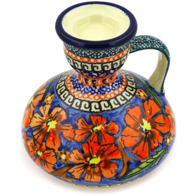 Polish Pottery Candle Holder 4&quot; Poppies UNIKAT