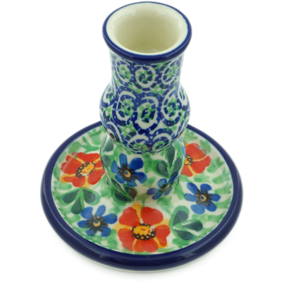 Polish Pottery Candle Holder 4&quot; Red Poppy Delight UNIKAT