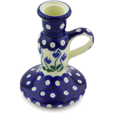 Polish Pottery Candle Holder 5&quot; Bleeding Heart Peacock