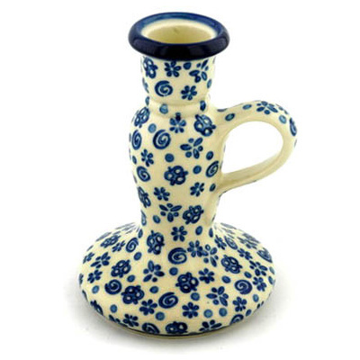 Polish Pottery Candle Holder 5&quot; Blue Confetti