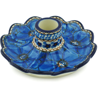 Polish Pottery Candle Holder 5&quot; Blue Poppies UNIKAT