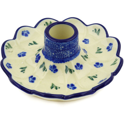 Polish Pottery Candle Holder 5&quot; Cascading Blue Blossoms