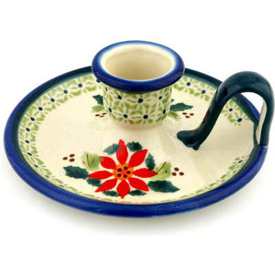 Polish Pottery Candle Holder 5&quot; Christmas Poinsettias