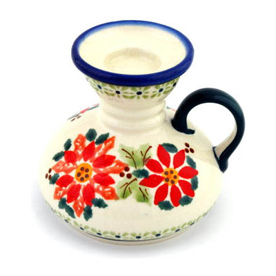 Polish Pottery Candle Holder 5&quot; Christmas Poinsettias