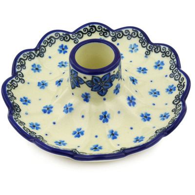 Polish Pottery Candle Holder 5&quot; Cobalt Daisies