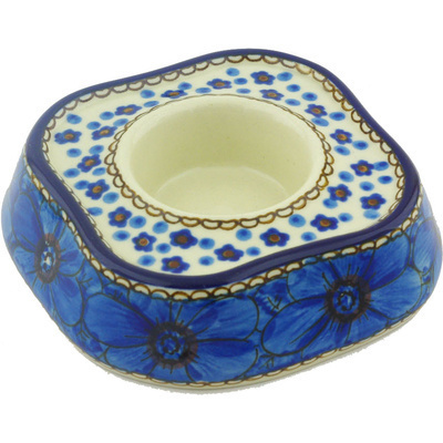 Polish Pottery Candle Holder 5&quot; Cobalt Poppies UNIKAT