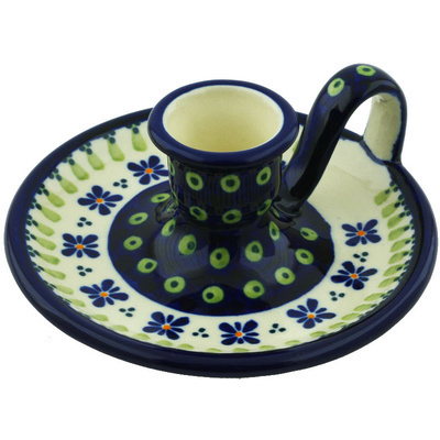Polish Pottery Candle Holder 5&quot; Green Gingham Peacock
