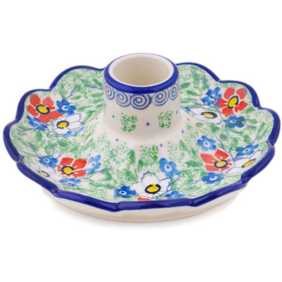 Polish Pottery Candle Holder 5&quot; Lovely Hibiscus UNIKAT