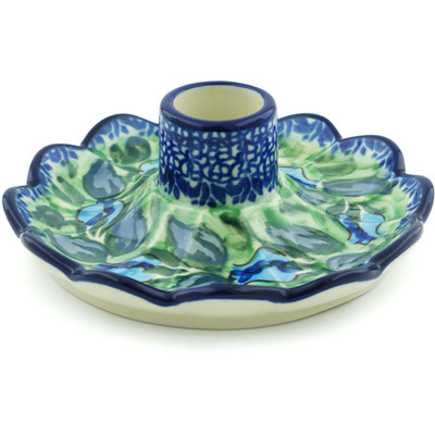Polish Pottery Candle Holder 5&quot; Matisse Flowers Cobalt UNIKAT