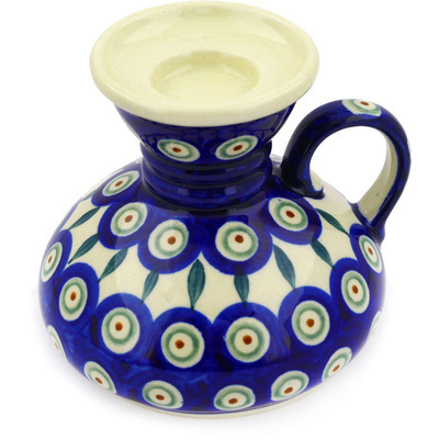 Polish Pottery Candle Holder 5&quot; Peacock Leaves