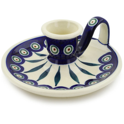 Polish Pottery Candle Holder 5&quot; Peacock Leaves