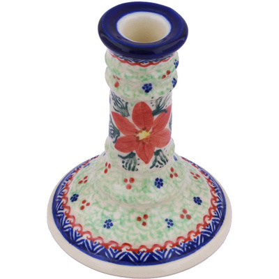 Polish Pottery Candle Holder 5&quot; Poinsettia UNIKAT