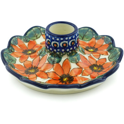 Polish Pottery Candle Holder 5&quot; Red Blooms UNIKAT