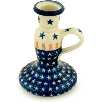 Polish Pottery Candle Holder 5&quot; Star Spangled Banner