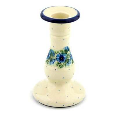 Polish Pottery Candle Holder 6&quot; Blue Bell Wreath