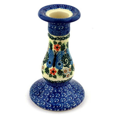 Polish Pottery Candle Holder 6&quot; Blue Butterfly Brigade UNIKAT
