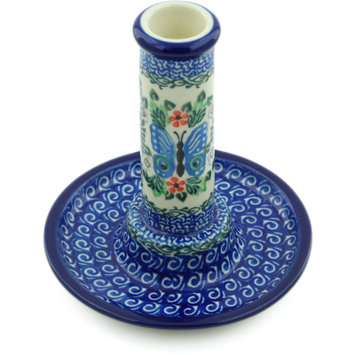 Polish Pottery Candle Holder 6&quot; Blue Butterfly Brigade UNIKAT