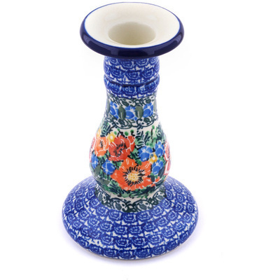 Polish Pottery Candle Holder 6&quot; Blue Daisy Bouquet UNIKAT