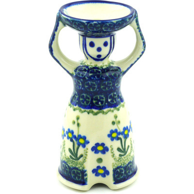 Polish Pottery Candle Holder 6&quot; Blue Daisy Circle