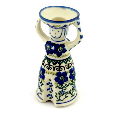 Polish Pottery Candle Holder 6&quot; Blue Dogwood