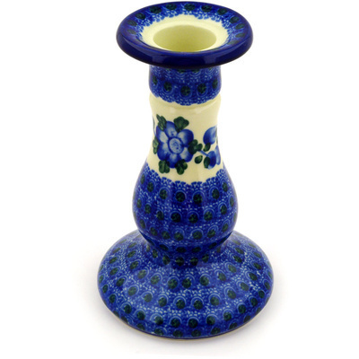 Polish Pottery Candle Holder 6&quot; Blue Poppies