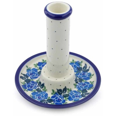Polish Pottery Candle Holder 6&quot; Blue Rose