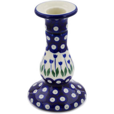 Polish Pottery Candle Holder 6&quot; Blue Tulip Peacock