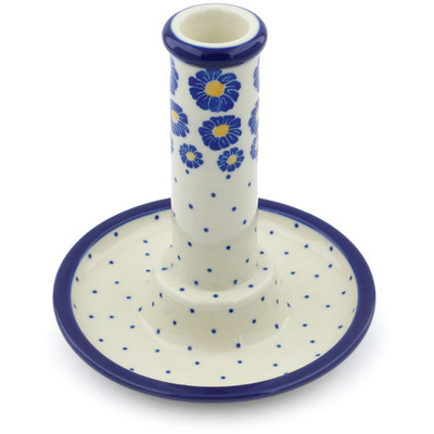 Polish Pottery Candle Holder 6&quot; Blue Zinnia