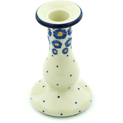 Polish Pottery Candle Holder 6&quot; Blue Zinnia