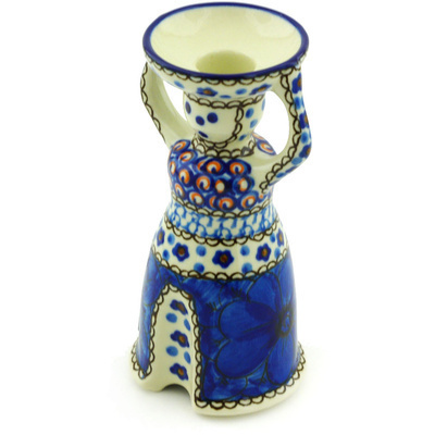 Polish Pottery Candle Holder 6&quot; Cobalt Poppies UNIKAT