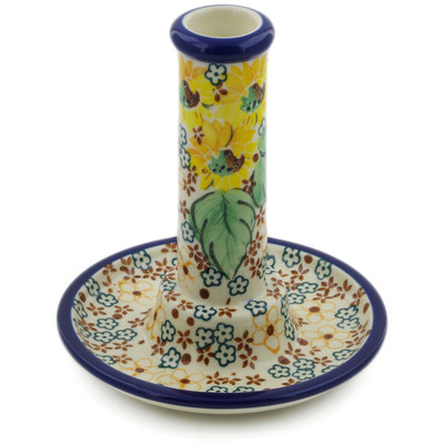 Polish Pottery Candle Holder 6&quot; Country Sunflower UNIKAT