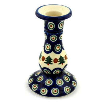 Polish Pottery Candle Holder 6&quot; Cranberries And Evergree