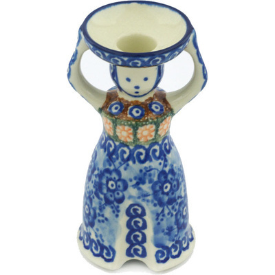 Polish Pottery Candle Holder 6&quot; Dancing Blue Poppies UNIKAT