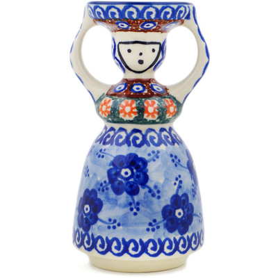 Polish Pottery Candle Holder 6&quot; Dancing Blue Poppies UNIKAT