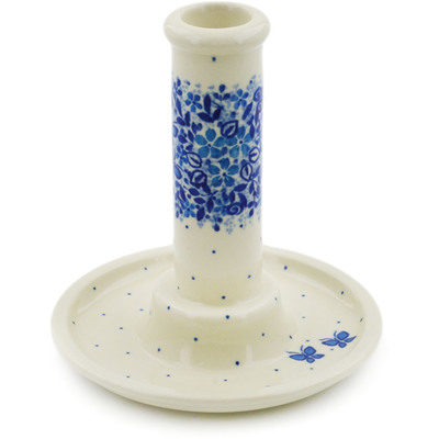 Polish Pottery Candle Holder 6&quot; Delicate Blue UNIKAT