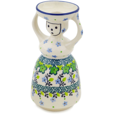 Polish Pottery Candle Holder 6&quot; Green Chrysanthemums UNIKAT