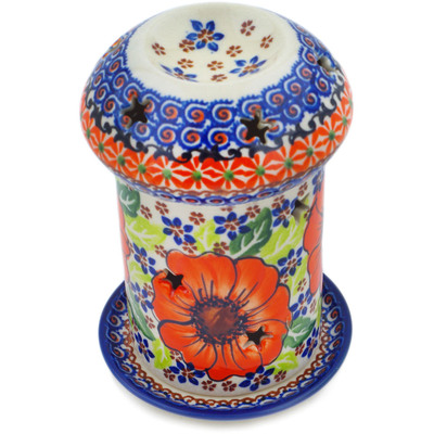 Polish Pottery Candle Holder 6&quot; Orange Zinnia UNIKAT