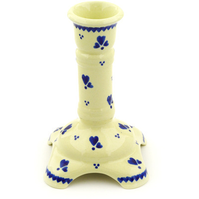 Polish Pottery Candle Holder 7&quot; Blue Heart Trio