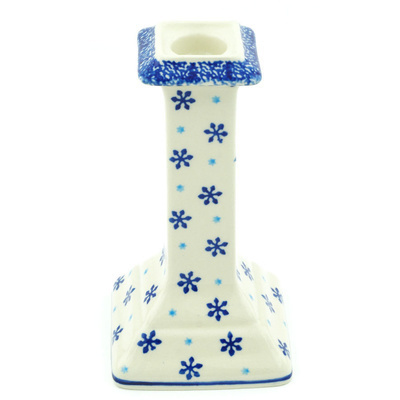Polish Pottery Candle Holder 7&quot; Blue Snowflake