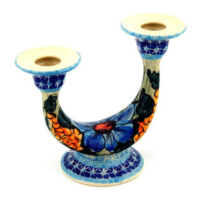 Polish Pottery Candle Holder 7&quot; Corn In The Blue UNIKAT
