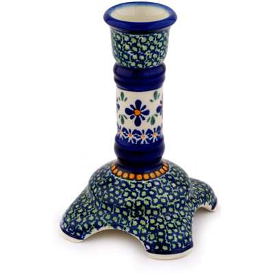 Polish Pottery Candle Holder 7&quot; Gingham Flowers