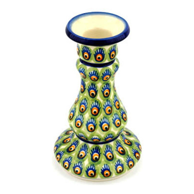 Polish Pottery Candle Holder 7&quot; Peacock Feathers