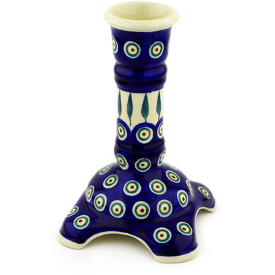 Polish Pottery Candle Holder 7&quot; Peacock Leaves