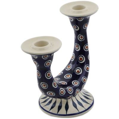 Polish Pottery Candle Holder 7&quot; Peacock Leaves