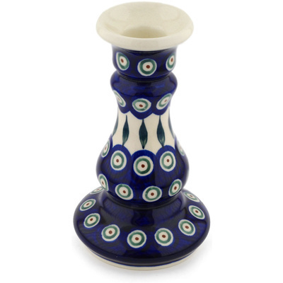 Polish Pottery Candle Holder 7&quot; Peacock Leaves