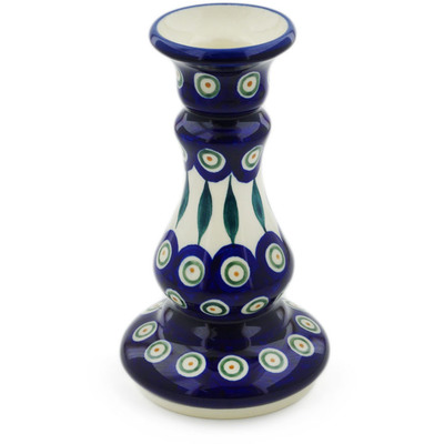 Polish Pottery Candle Holder 7&quot; Peacock Leaves